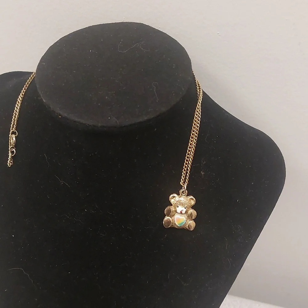 Vintage Gold Toned Teddy Bear Heart Rainbow Belly Pendant  Necklace on Chain